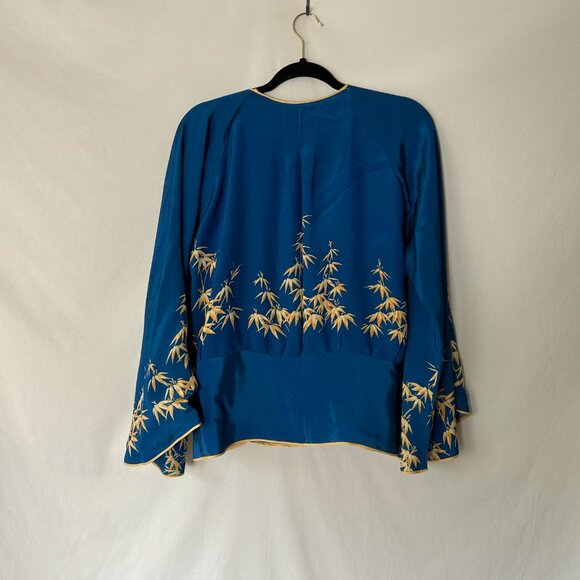 Vintage Bell Sleeve SIlk? Kimono Cross Snap Top Made in Japan Blue - Picture 5 of 7